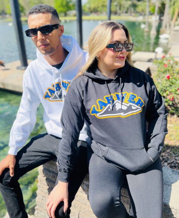 A couple wearing same hoodies posing at the camera