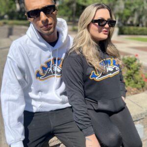 Two couples wearing same brand hoodie